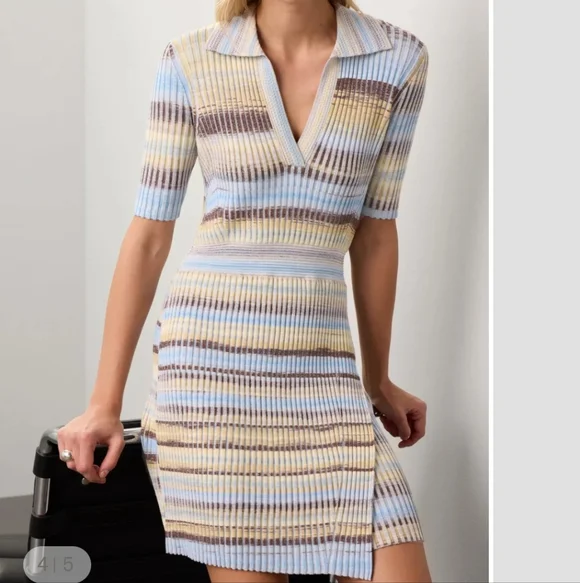 Simkhai Solana French Blue Ribbed Collared Knit Body Cone Preppy Knee Dress XL - Picture 2 of 12